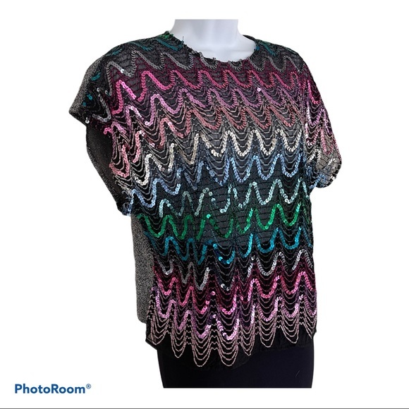 Vintage 70s sequin top disco rainbow pride lurex L - Picture 2 of 5